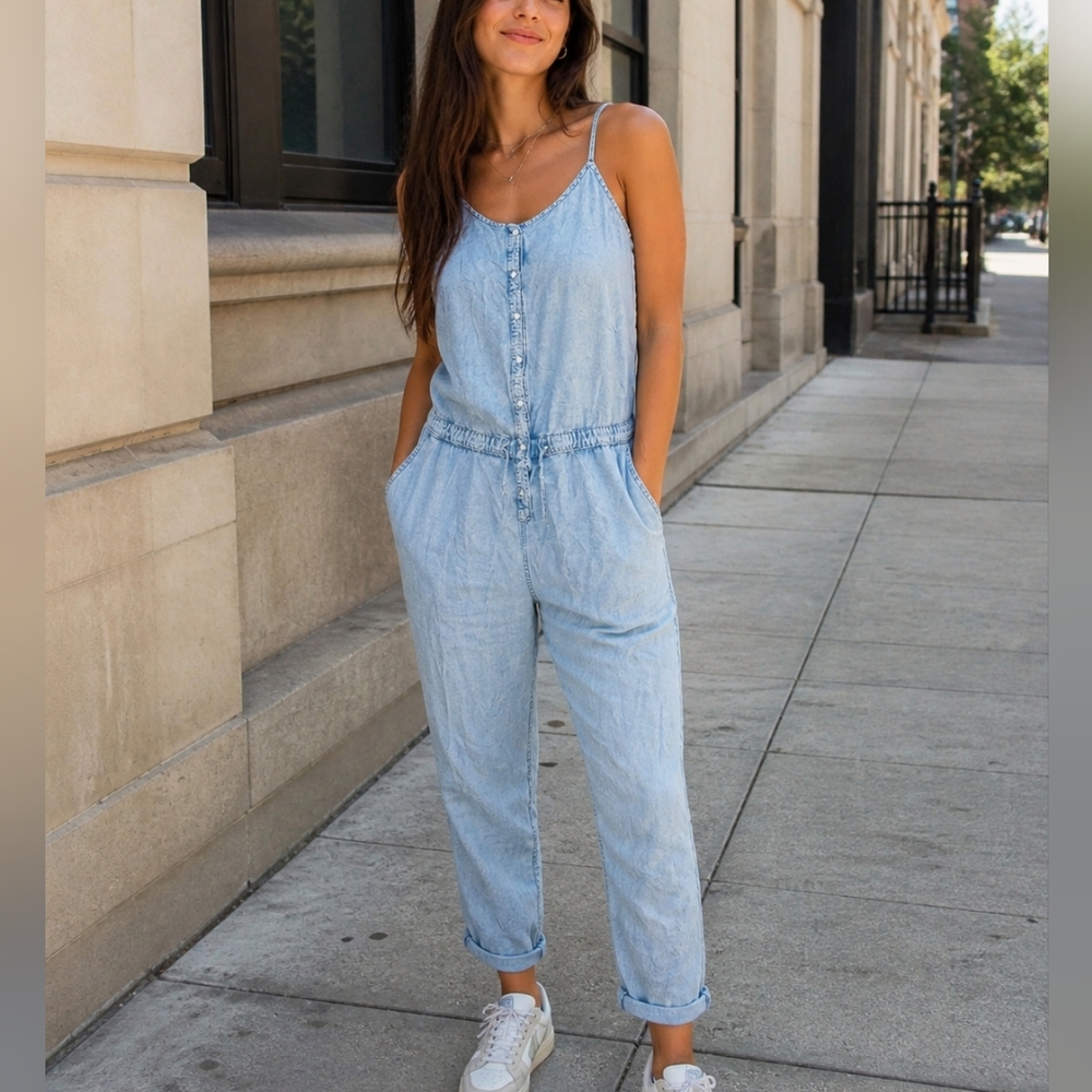 Light Blue Denim Jumpsuit with Drawstring Waist